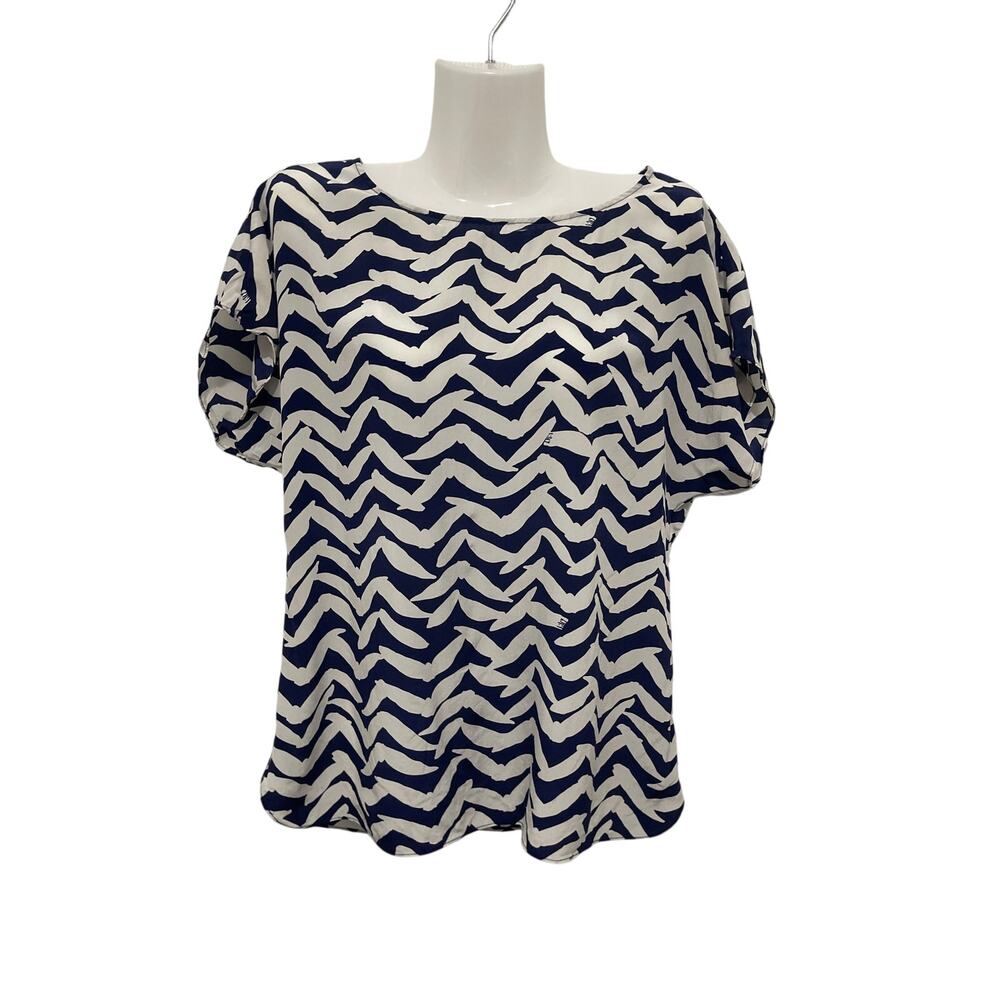 Lilly Pulitzer Silk Navy Blue Chevron Bird Print Blouse SZ M Boxy Fit Nautical